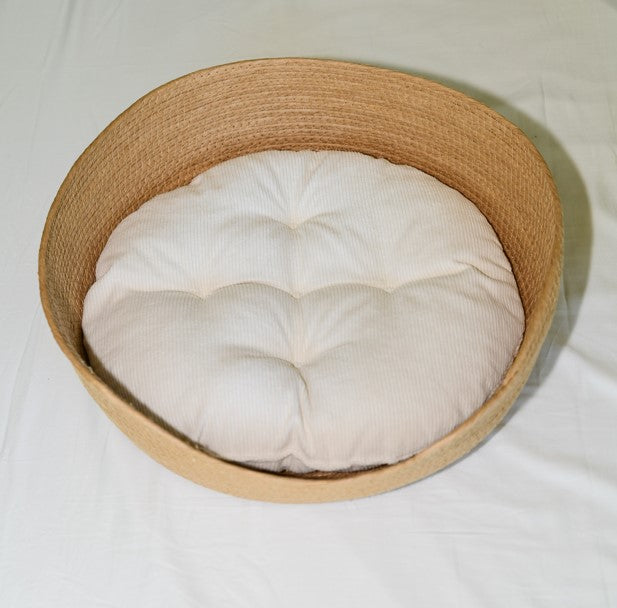 Natural Handcrafted Rattan Pet Bed for Cats – Corduroy Cushion with Cotton Filling