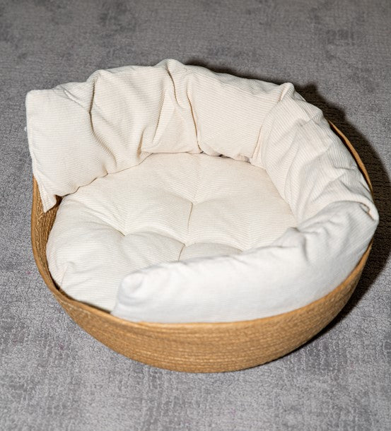 Natural Handcrafted Rattan Pet Bed for Cats – Corduroy Cushion with Cotton Filling